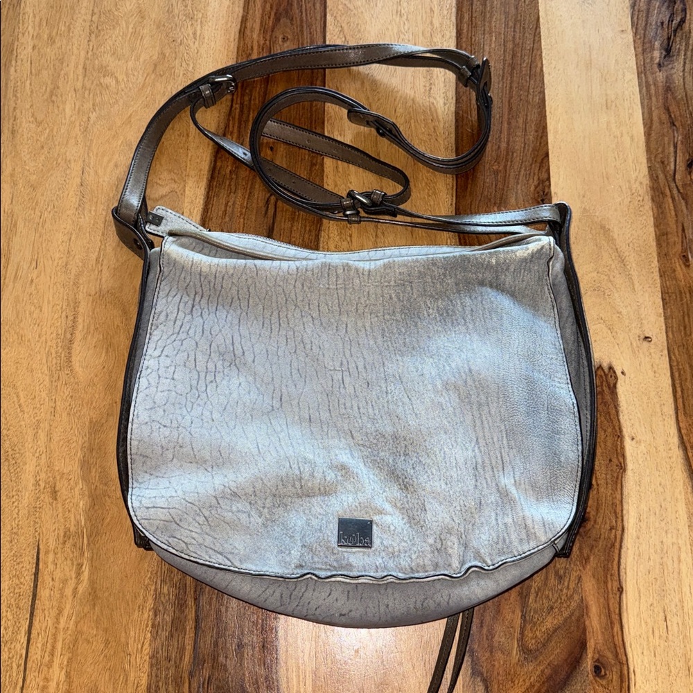Kooba Jonnie Textured Gray Butter Leather With Taupe Trim Crossbody Bag - Picture 6 of 14